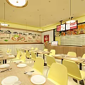 Modern Hot Pot Restaurant Interior With Dining Tables Yellow Chairs Hanging Lamps And Menu Displays