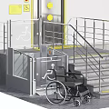 Accessible Building Entrance With Wheelchair Ramp Stairs Handrails And Sign