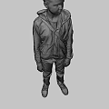 Child Standing In Blue Jacket Yellow T-shirt Black Pants And Gray Shoes