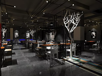 Modern Industrial Style Restaurant Interior With Pendant Lights Tables Chairs And Art Decor 3d model