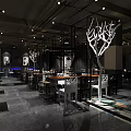 Modern Industrial Style Restaurant Interior With Pendant Lights Tables Chairs And Art Decor