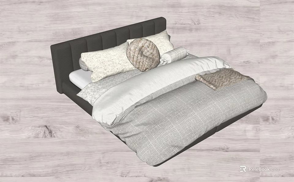 Modern Double Bed with Dark Headboard and Soft Pillows Round Woven Cushion Gray White Bedding 3d model 