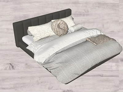 Modern Double Bed with Dark Headboard and Soft Pillows Round Woven Cushion Gray White Bedding 3d model