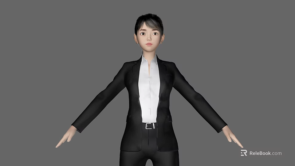A Woman in Black Suit and White Shirt with Arms Outstretched Against Gray Background 3d model 