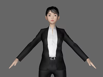 A Woman in Black Suit and White Shirt with Arms Outstretched Against Gray Background 3d model