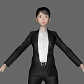 A Woman in Black Suit and White Shirt with Arms Outstretched Against Gray Background