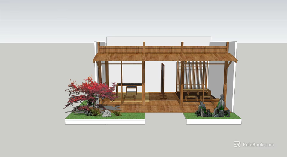 Japanese Traditional Courtyard Design With Wooden Structure Red Maple And Stone Lanterns 3d model 