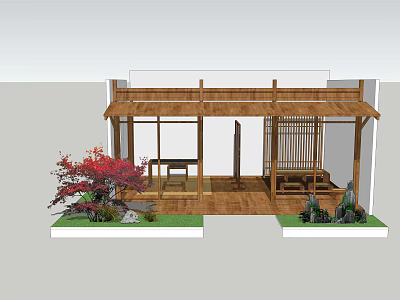 Japanese Traditional Courtyard Design With Wooden Structure Red Maple And Stone Lanterns 3d model