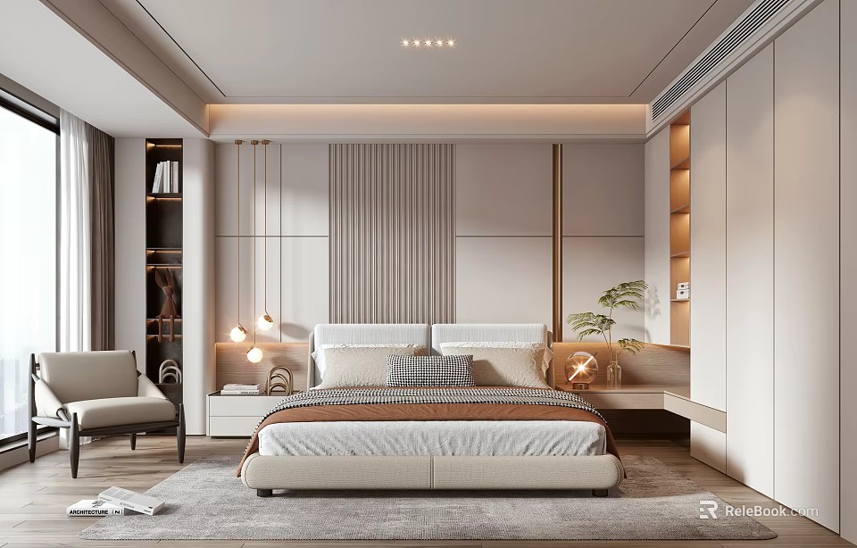 Modern Bedroom Interior Design With Accent Wall King Bed Pendant Lights And Area Rug 3d model 
