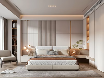 Modern Bedroom Interior Design With Accent Wall King Bed Pendant Lights And Area Rug 3d model