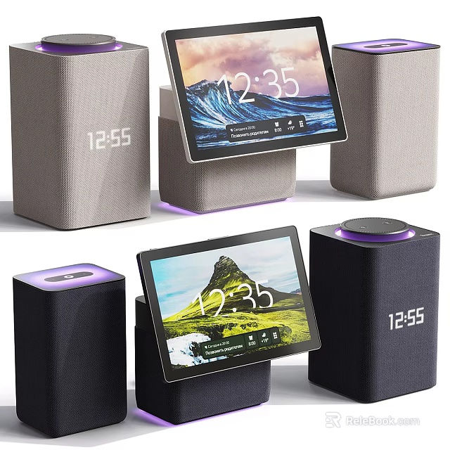 Modern Smart Display Devices in Black Grey with Fabric Covers and Landscape Screens 3d model 