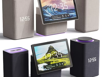 Modern Smart Display Devices in Black Grey with Fabric Covers and Landscape Screens 3d model