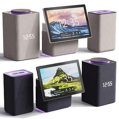 Modern Smart Display Devices in Black Grey with Fabric Covers and Landscape Screens 3d model