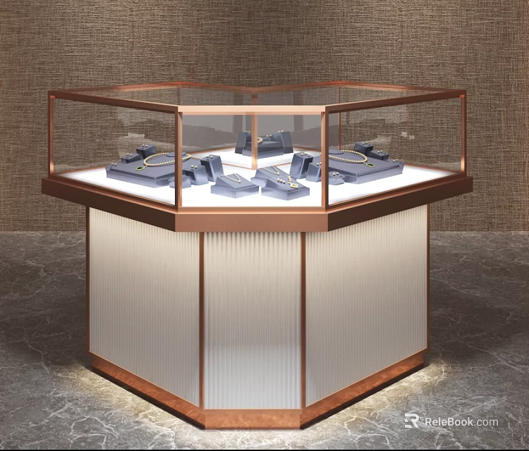 Jewelry Store Hexagonal Display Case With Rose Gold Frame Glass Cover And Lighting 3d model 