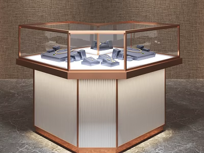 Jewelry Store Hexagonal Display Case With Rose Gold Frame Glass Cover And Lighting 3d model