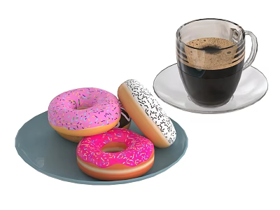 Pink And White Sprinkled Donuts On Blue Plate With Black Coffee In Glass Cup 3d model