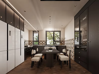 Modern Kitchen Interior With Black White Cabinets Dining Table Chairs Window And Patterned Tiles 3d model