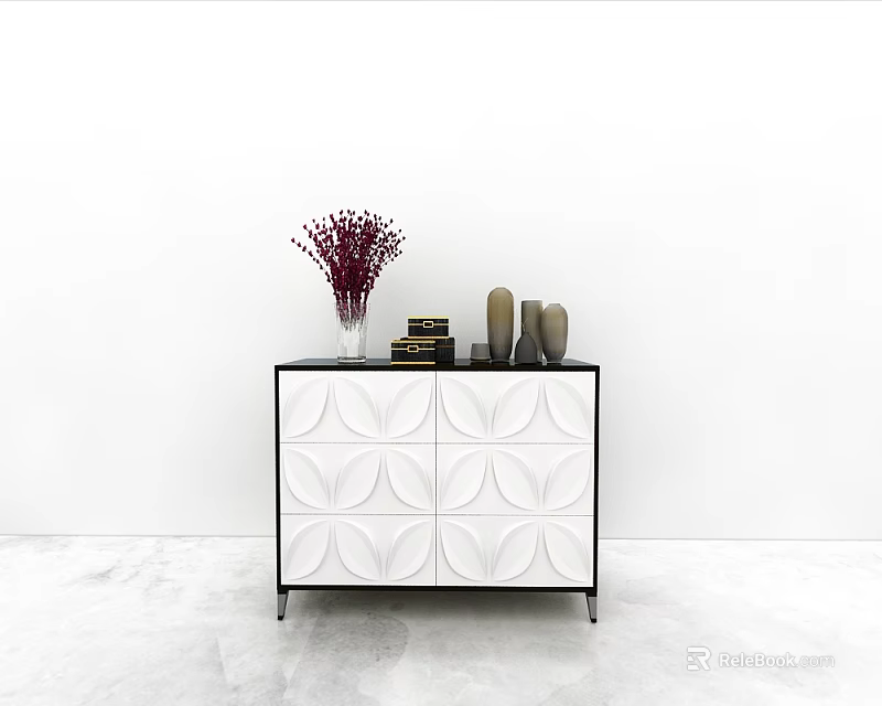 Modern Console Sideboard Cabinet With White Patterned Front Purple Flowers Books And Decorative Objects 3d model 