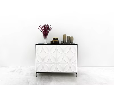 Modern Console Sideboard Cabinet With White Patterned Front Purple Flowers Books And Decorative Objects 3d model