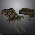 Vintage Wooden Cart with Brown Sofa Wooden Barrels and Blue Items