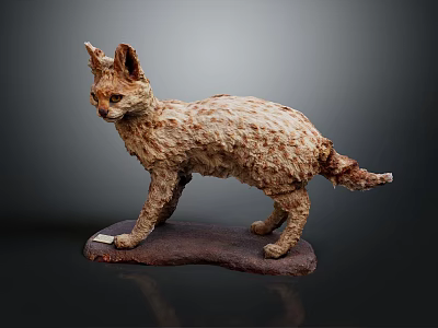 Handmade Cat Sculpture With Textured Fur Standing On Wooden Base Artistic Decor 3d model