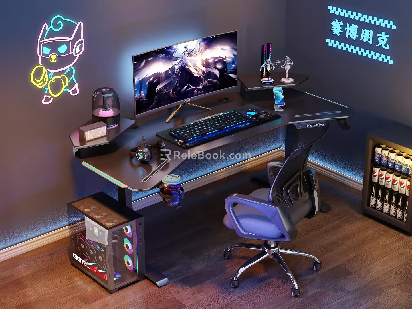 Modern E-sports Table and Chair Desk and Chair E-sports Room Computer Table and Chair Cyberpunk Computer Ornaments Combination Computer Host Display Speaker Small Refrigerator Hand-held 3d model
