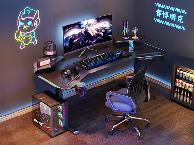Gaming Desk Setup With Neon Cat Lights Computer Monitor Keyboard Headphones And Gaming Chair 3d model