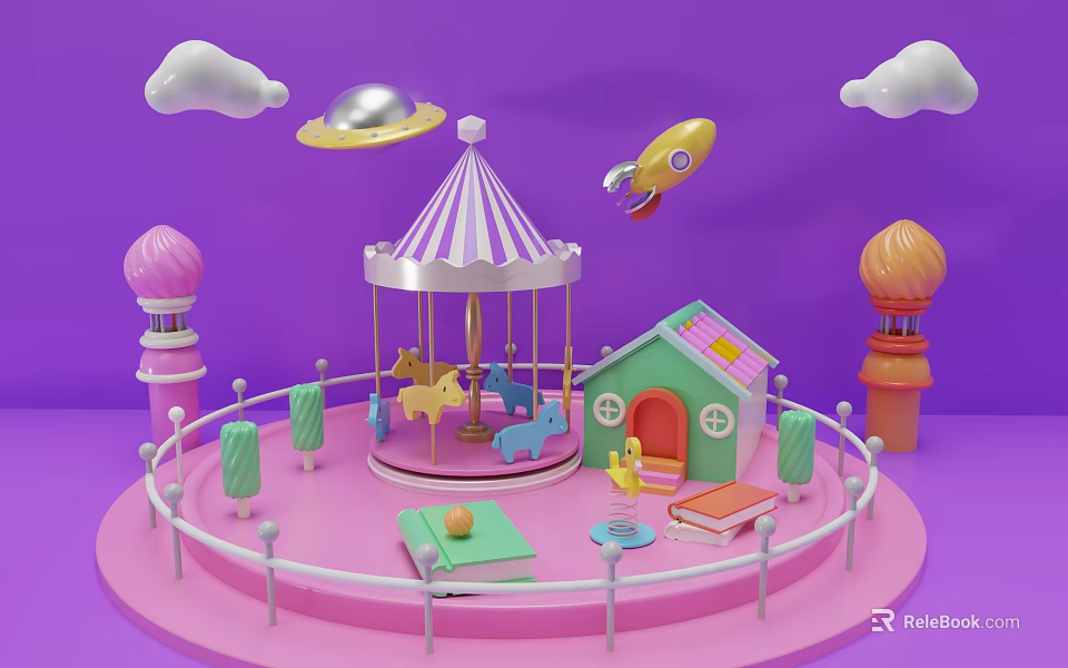 Toy Playground Scene With Carousel Pink Platform Purple Background Clouds Rocket UFO And Small House 3d model 