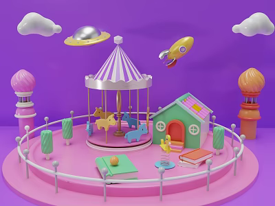 Toy Playground Scene With Carousel Pink Platform Purple Background Clouds Rocket UFO And Small House 3d model