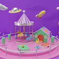 Toy Playground Scene With Carousel Pink Platform Purple Background Clouds Rocket UFO And Small House