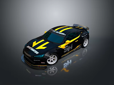 Chevrolet Black Yellow Racing Car With Stripes Rear Spoiler Silver Wheels 3d model