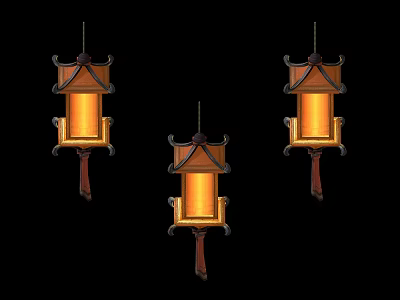 Vintage Chinese Hanging Lanterns With Wooden Frame And Warm Yellow Light 3d model