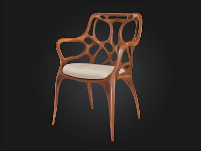 Modern Wooden Chair With Intricate Carved Armrest And Light Upholstered Seat 3d model