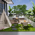 Cozy Courtyard Garden With Green Lawn Stone Path Teepee And Outdoor Furniture