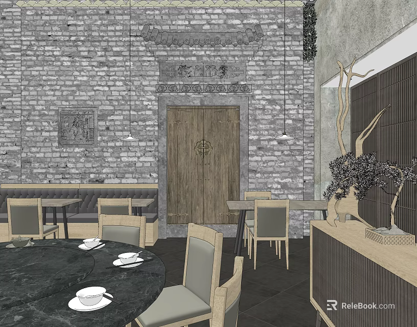Chinese Style Restaurant Interior With Brick Wall Wooden Door And Tea Sets 3d model 
