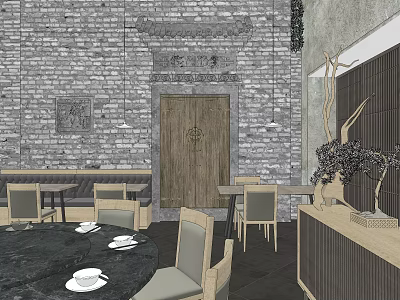 Chinese Style Restaurant Interior With Brick Wall Wooden Door And Tea Sets 3d model