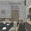 Chinese Style Restaurant Interior With Brick Wall Wooden Door And Tea Sets