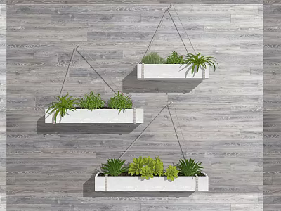 White Rectangular Hanging Planters with Green Plants on Wooden Wall Background 3d model