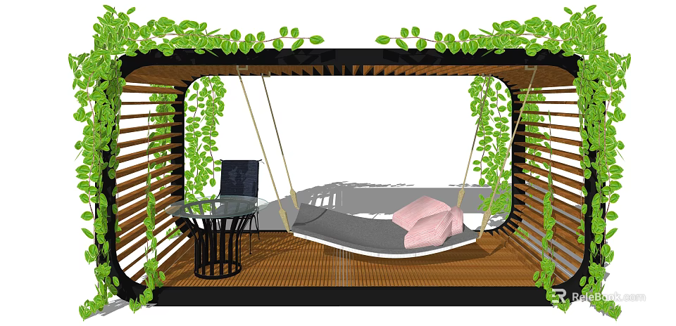 Relaxing Outdoor Pergola with Green Vines Hammock Bed Small Table and Wooden Floor 3d model 