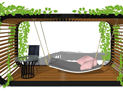 Relaxing Outdoor Pergola with Green Vines Hammock Bed Small Table and Wooden Floor 3d model