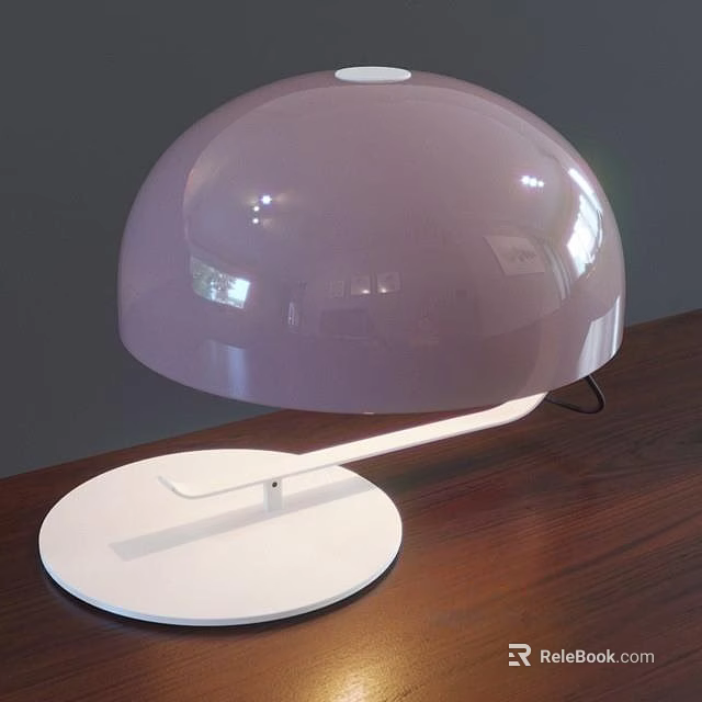 Modern Purple Dome Table Lamp With White Circular Base On Wooden Tabletop 3d model 