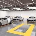 Modern Parking Garage with White Cars Yellow Markings and Bright Lighting Design