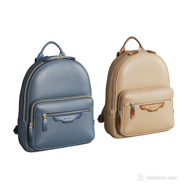 Two Blue and Beige Leather Backpacks With Zipper Pockets And Classic Design 3d model 