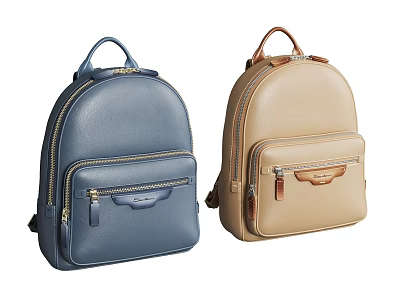 Two Blue and Beige Leather Backpacks With Zipper Pockets And Classic Design 3d model