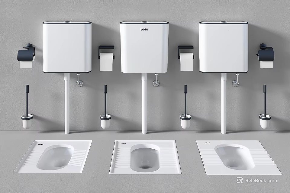 Three Squat Toilets With White Water Tanks Toilet Brushes And Paper Holders Arranged 3d model 