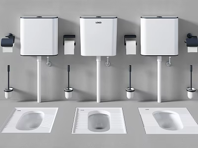 Three Squat Toilets With White Water Tanks Toilet Brushes And Paper Holders Arranged 3d model