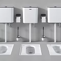 Three Squat Toilets With White Water Tanks Toilet Brushes And Paper Holders Arranged