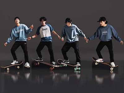 Four Men Skateboarding In Blue Sweatshirts Black Pants And Black Caps On Gray Reflective Floor 3d model