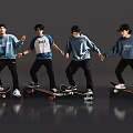 Four Men Skateboarding In Blue Sweatshirts Black Pants And Black Caps On Gray Reflective Floor