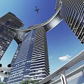 Modern Twin Tower Office Building Connected by Sky Bridge in Urban Setting With Greenery
